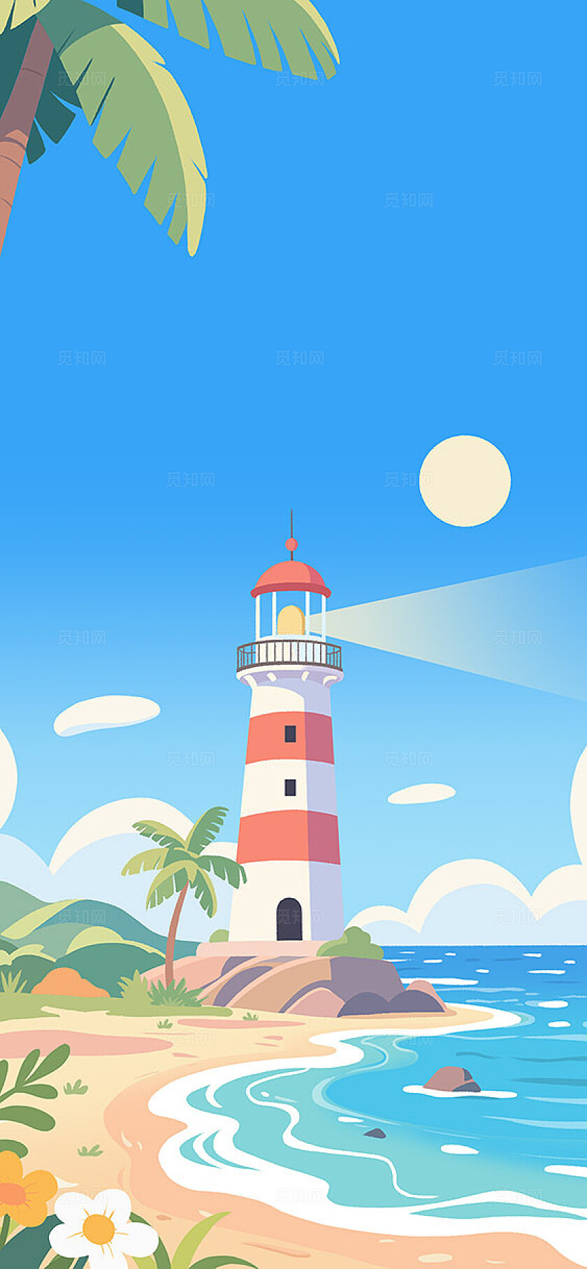 蓝色系清新插画风夏日海边灯塔手机壁纸