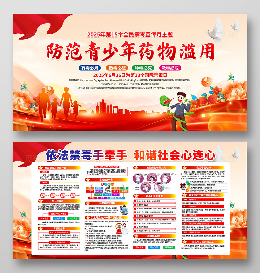 红色卡通防范青少年药物滥用全民禁毒宣传月展板国际禁毒日
