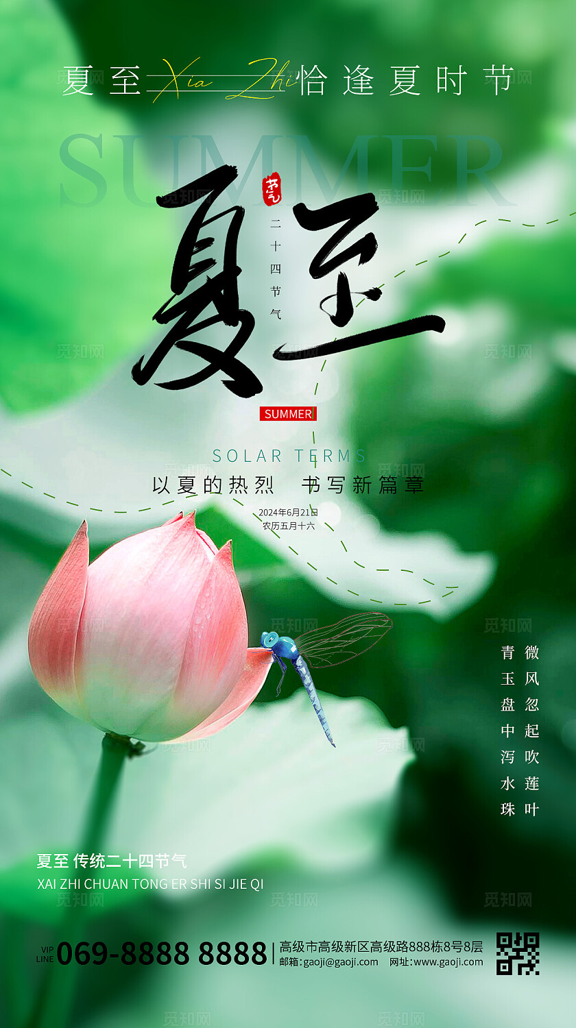 夏至绿色简约大气风格夏至手机宣传海报