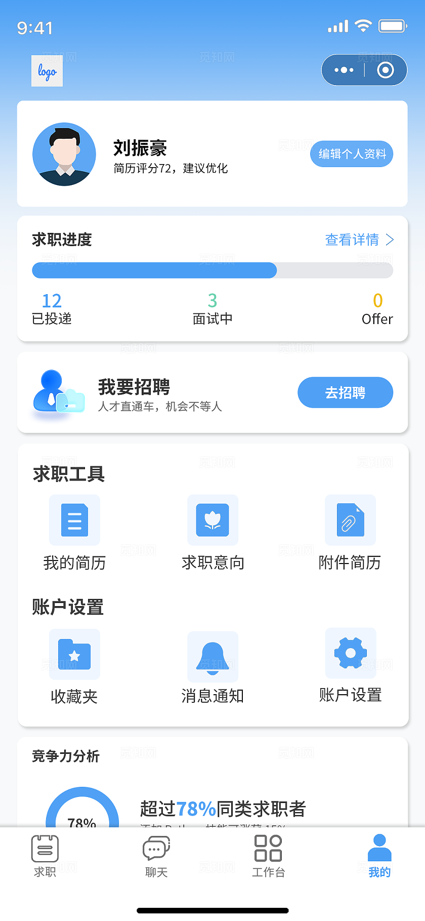 招聘小程序app设计首页及我的蓝色简约
