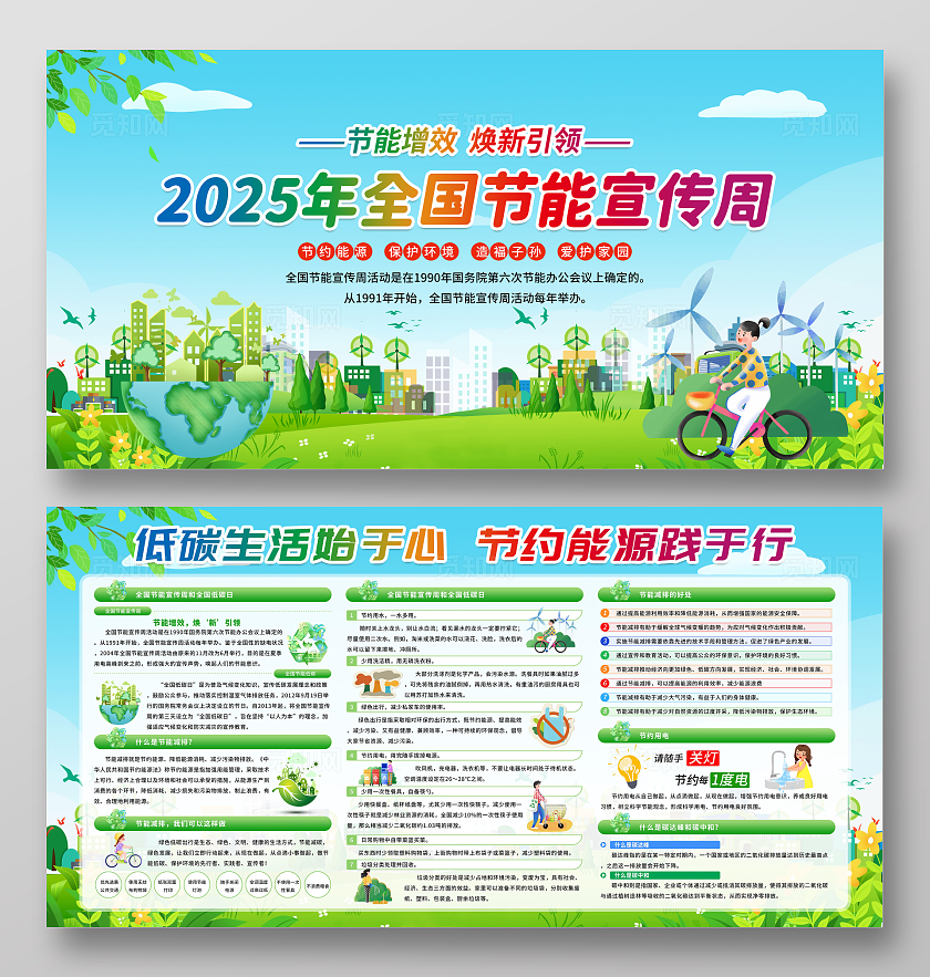 绿色清新简约风2025年全国节能宣传周宣传栏展板设计模板