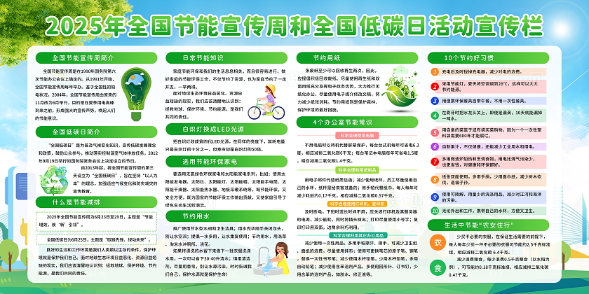 绿色简约插画风格2025年全国节能宣传周宣传栏展板设计模板