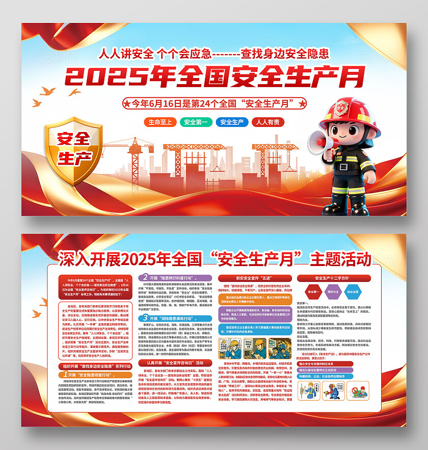 3D立体大气红色政党2025年安全生产月科普展板宣传栏