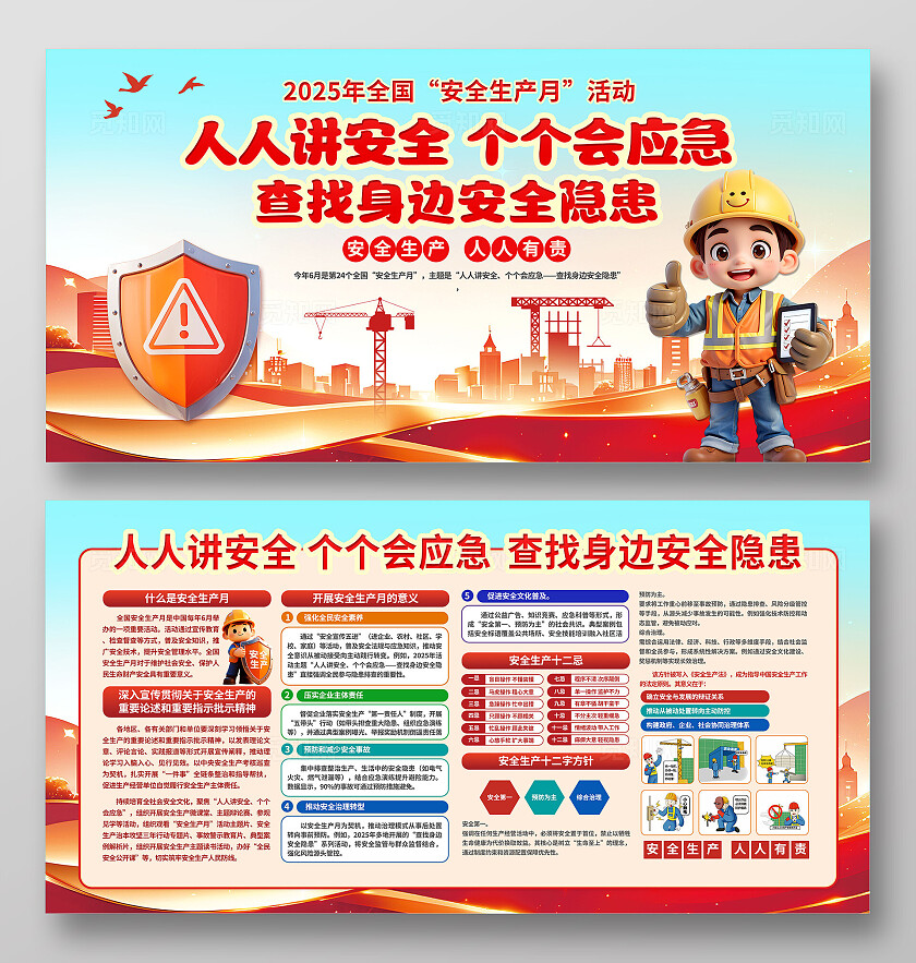 3D立体大气红色政党2025年安全生产月科普展板宣传栏