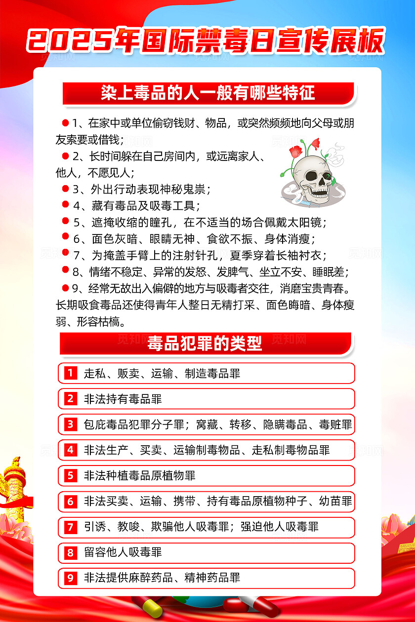 红色简约防范青少年药物滥用2025国际禁毒日海报常规