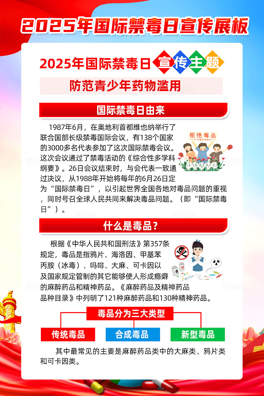 红色简约防范青少年药物滥用2025国际禁毒日海报常规