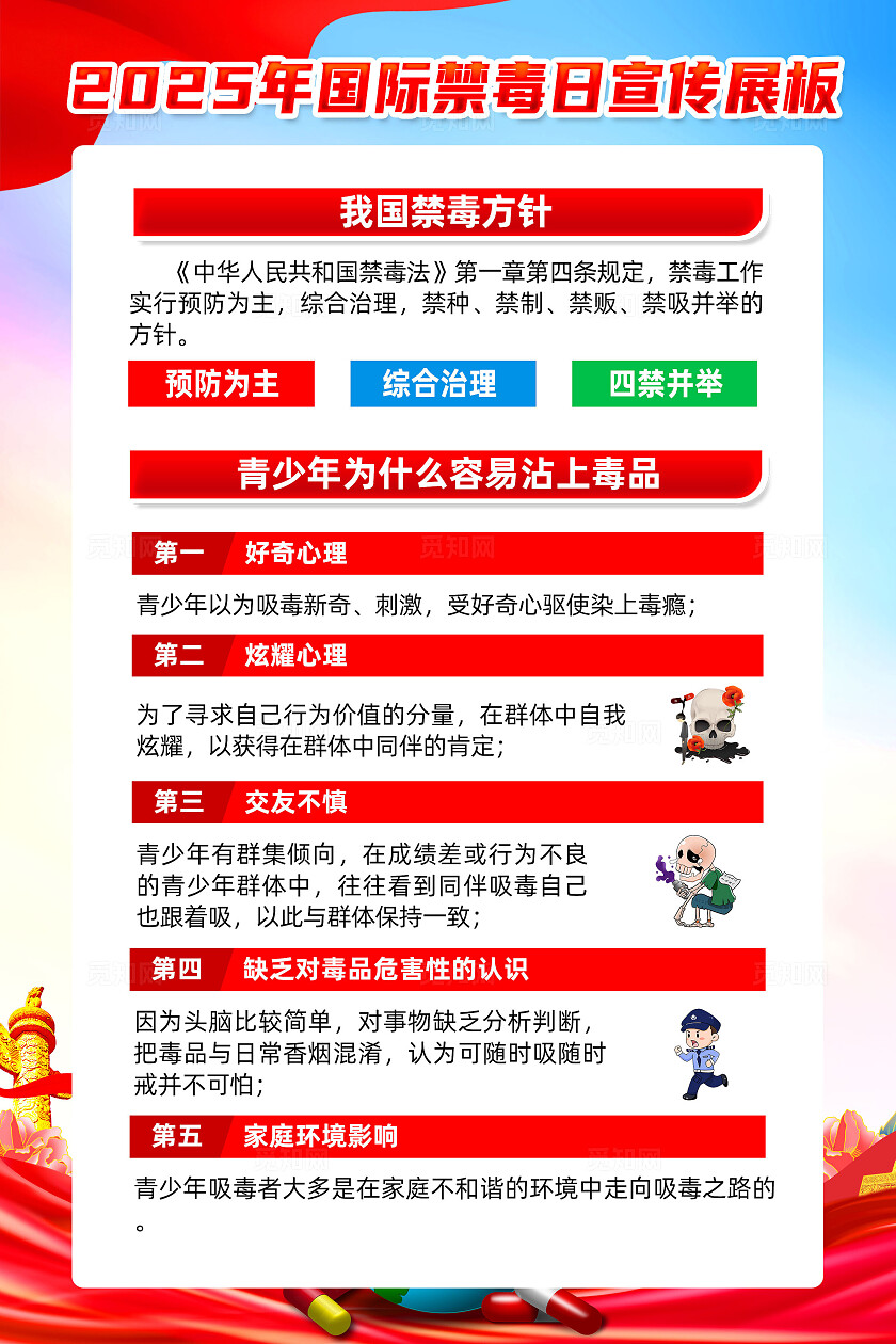 红色简约防范青少年药物滥用2025国际禁毒日海报常规