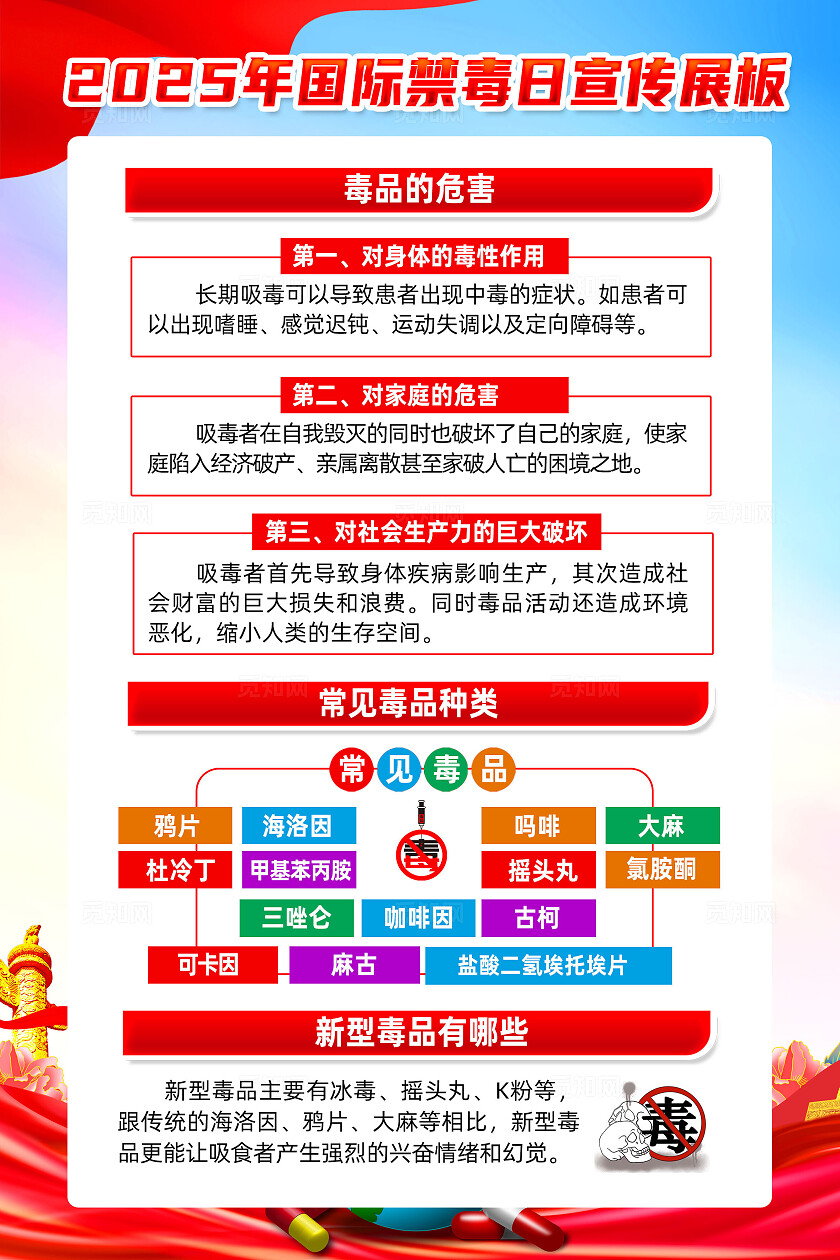 红色简约防范青少年药物滥用2025国际禁毒日海报常规