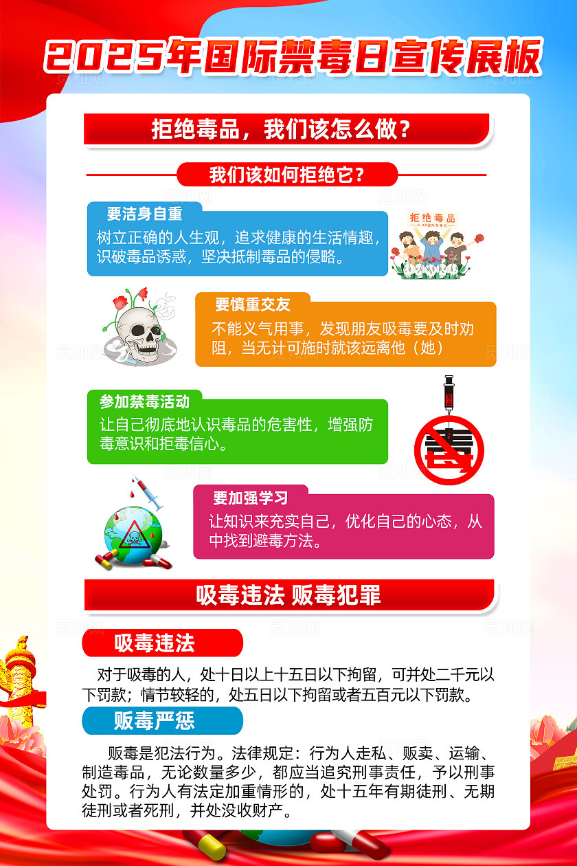 红色简约防范青少年药物滥用2025国际禁毒日海报常规