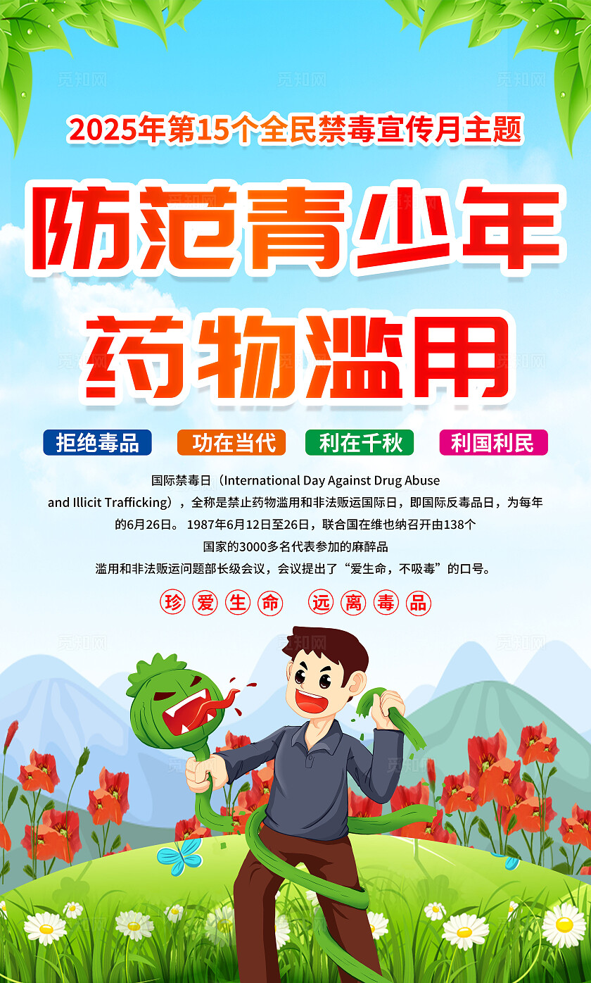 绿色简约防范青少年药物滥用2025国际禁毒日海报套图