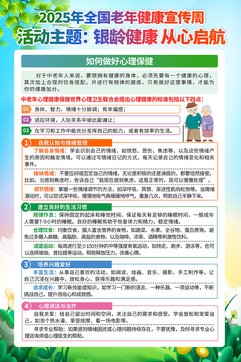 蓝绿色小清新全国老年健康宣传周知识宣传套图背景
