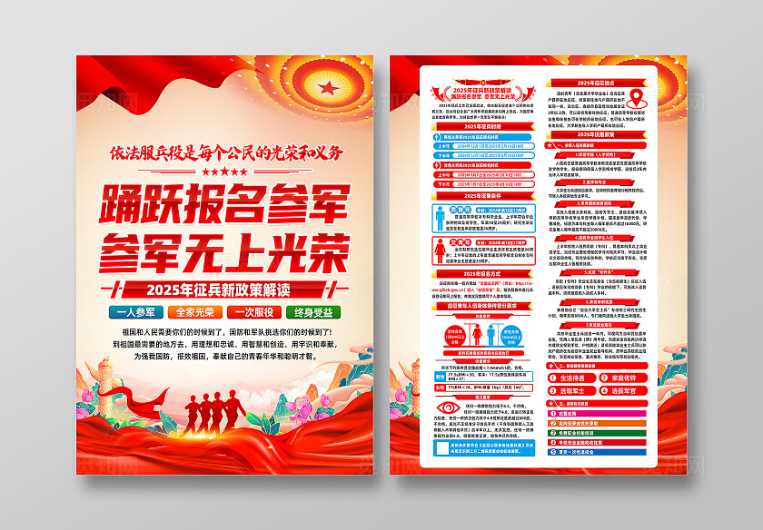 红色简约踊跃报名参军2025年征兵政策征兵宣传单常规
