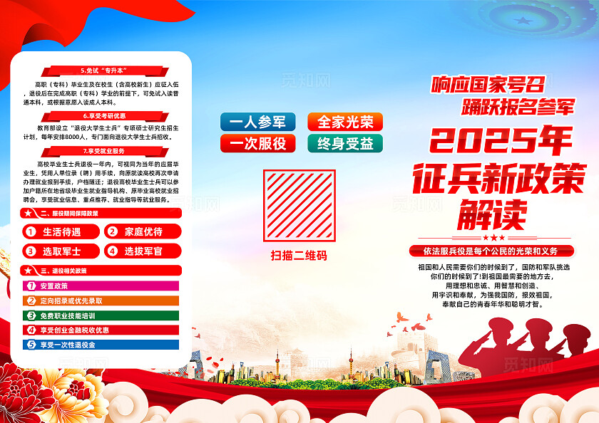 红色简约踊跃报名参军2025年征兵政策征兵三折页 常规