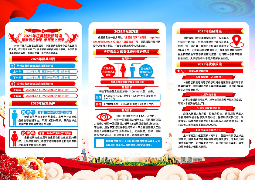红色简约踊跃报名参军2025年征兵政策征兵三折页 常规
