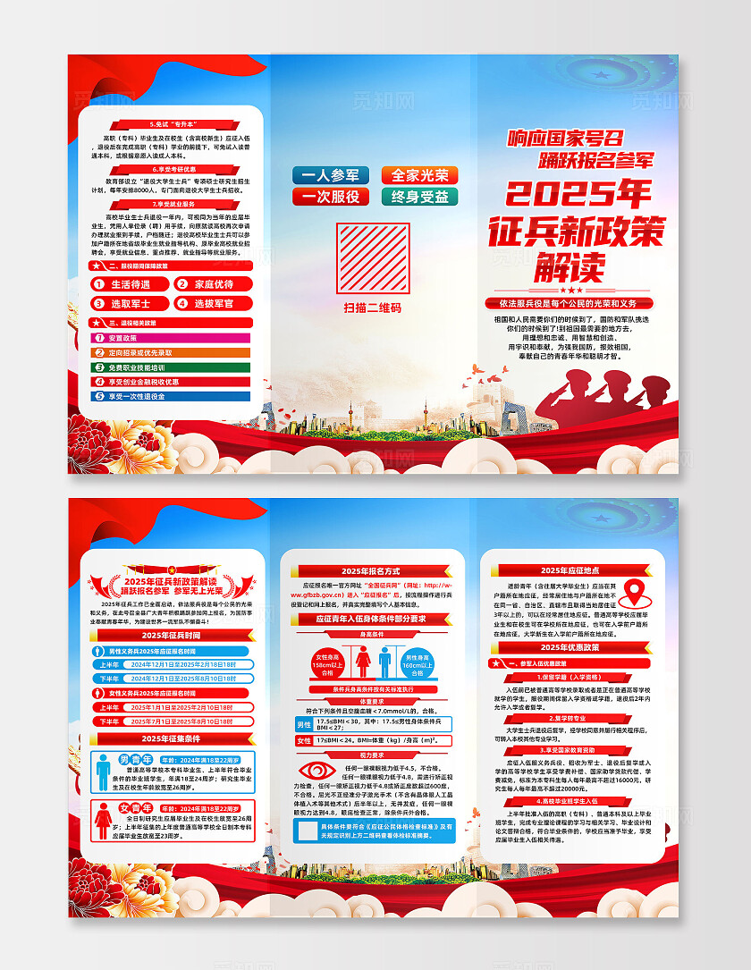 红色简约踊跃报名参军2025年征兵政策征兵三折页 常规