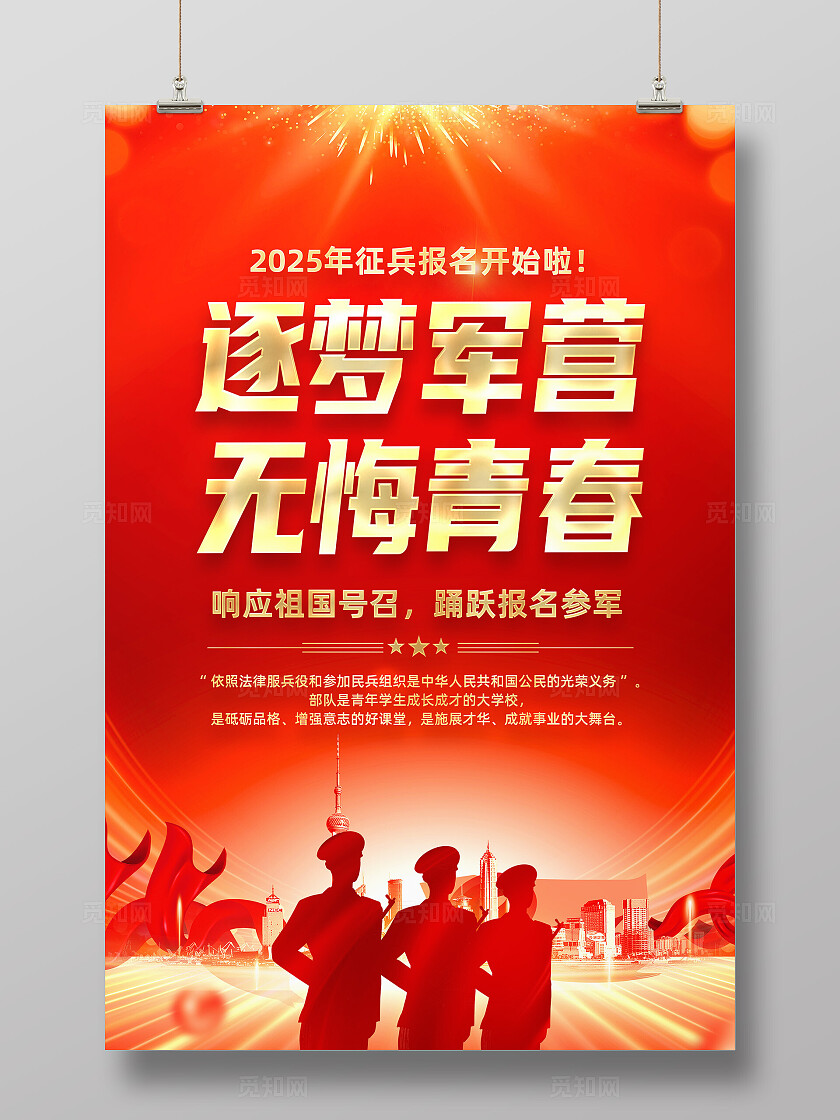 红色简约踊跃报名参军2025年征兵政策征兵海报常规