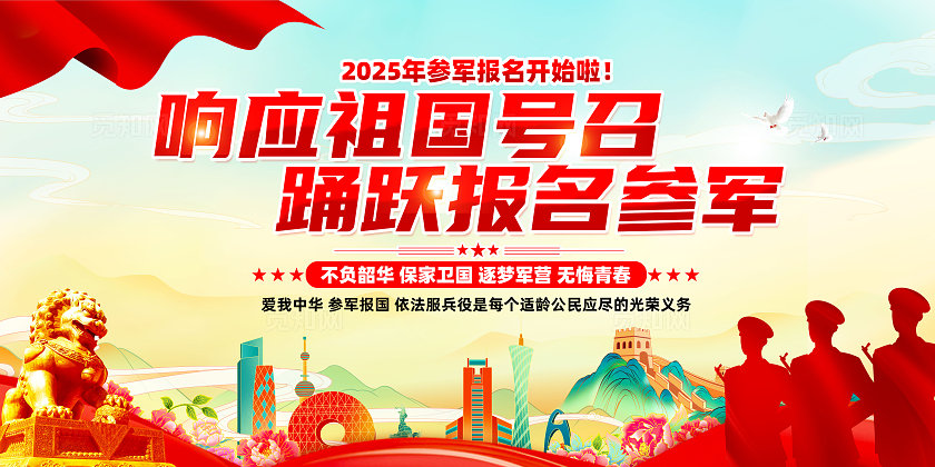 红色简约踊跃报名参军2025年征兵政策征兵展板常规