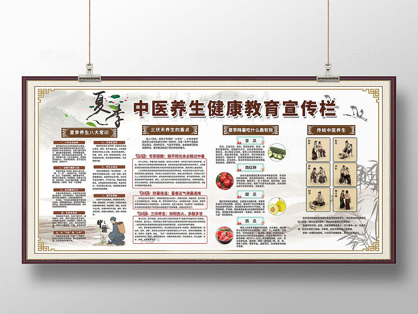 中式古风插画夏季中医养生保健三伏贴三伏贴医疗科普宣传栏展板