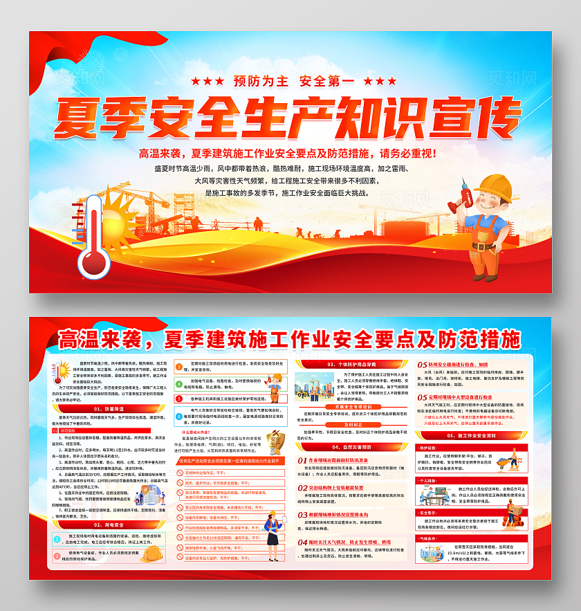 蓝色大气简约风2025年夏季安全生产知识宣传栏展板设计模板夏季施工作业安全