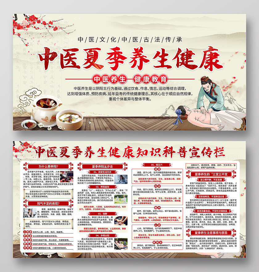 米色中国风中医夏季养生健康教育宣传栏背景夏季健康教育