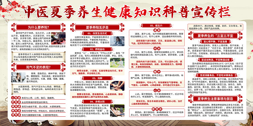 米色中国风中医夏季养生健康教育宣传栏背景夏季健康教育
