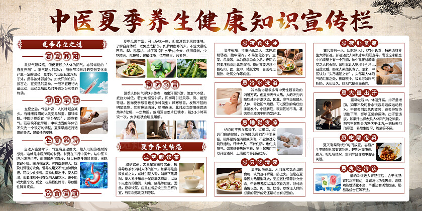 米色中国风中医夏季养生健康教育宣传栏背景夏季健康教育
