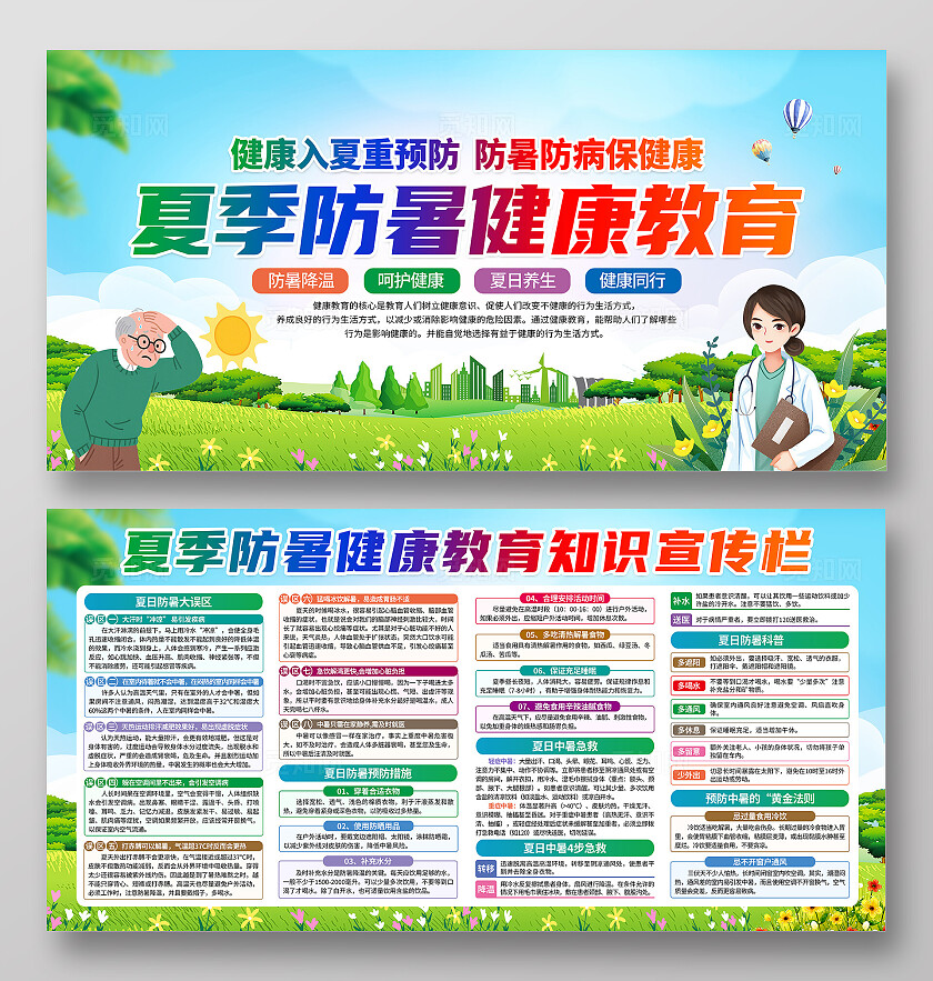 蓝绿色小清新夏季防暑健康教育知识宣传栏背景夏季健康教育