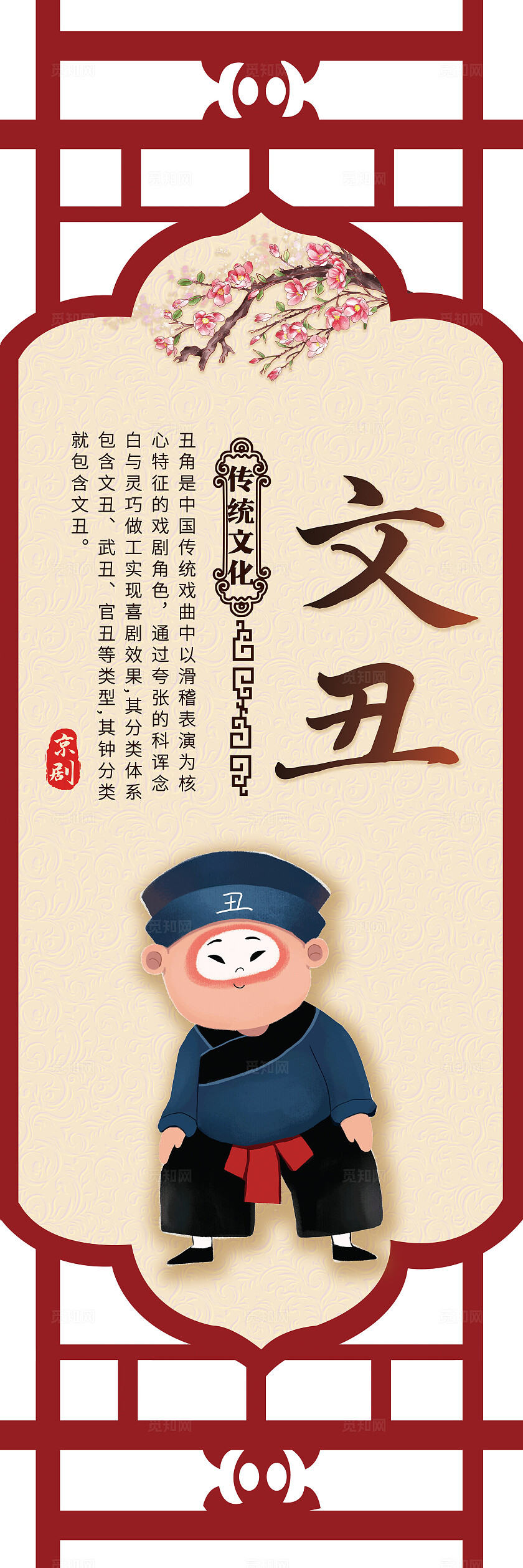 红色镂空卡通套图戏曲戏剧京剧人物简介传统文化插画套图