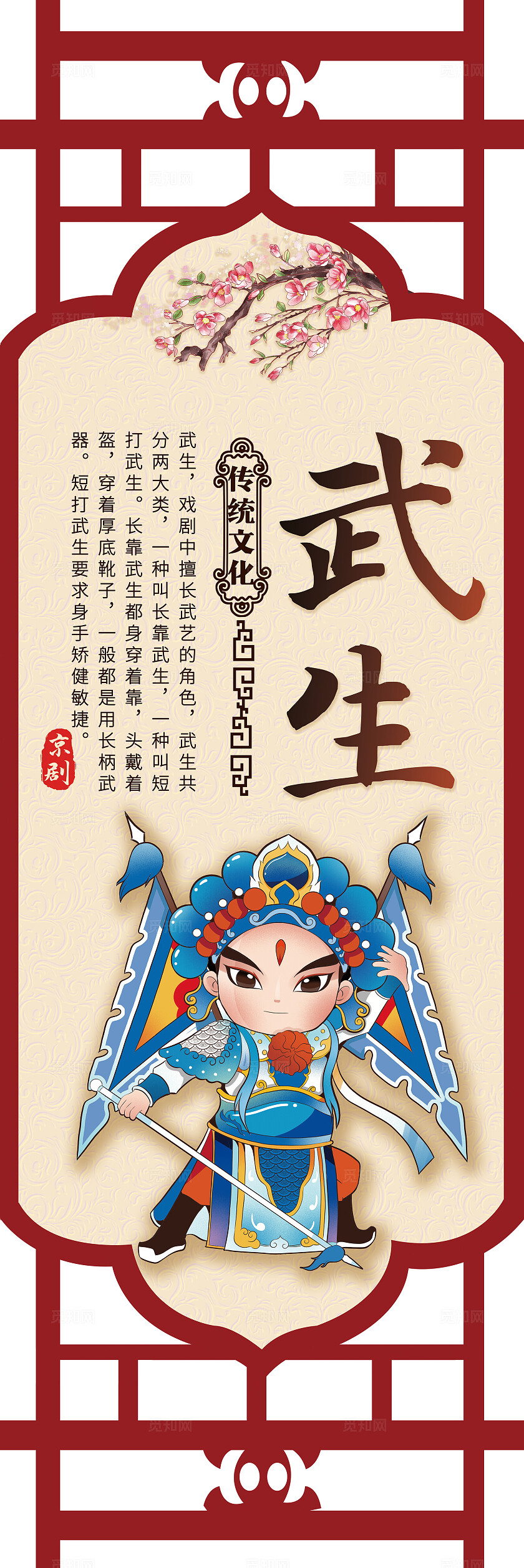 红色镂空卡通套图戏曲戏剧京剧人物简介传统文化插画套图