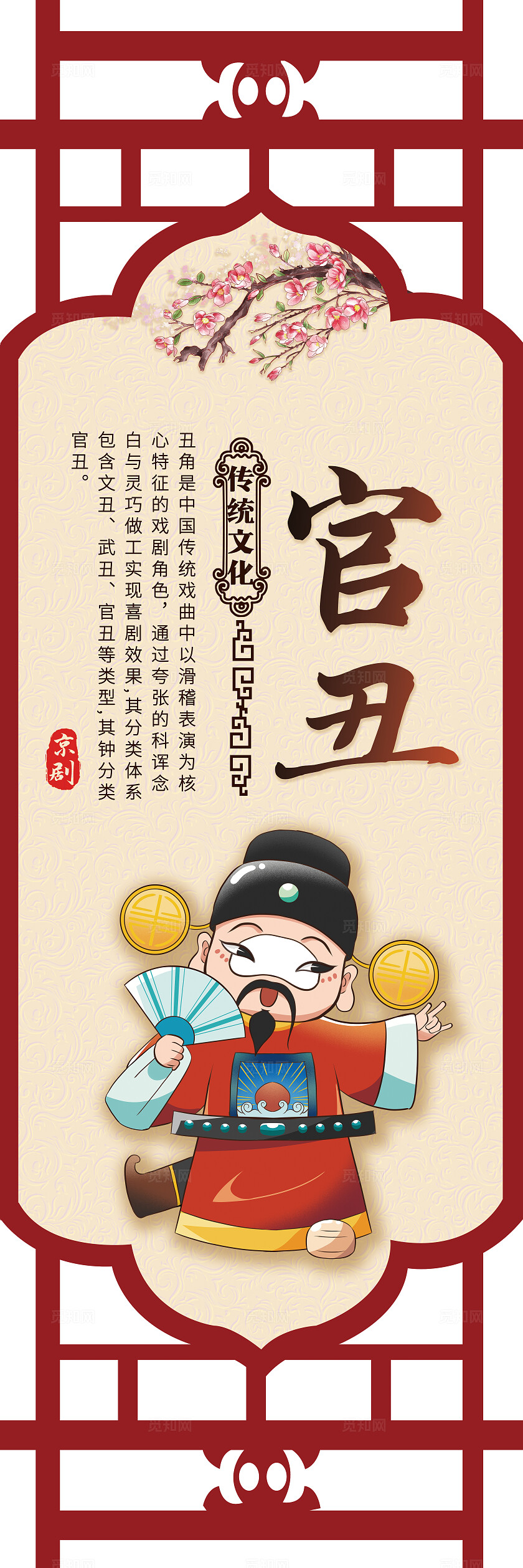 红色镂空卡通套图戏曲戏剧京剧人物简介传统文化插画套图