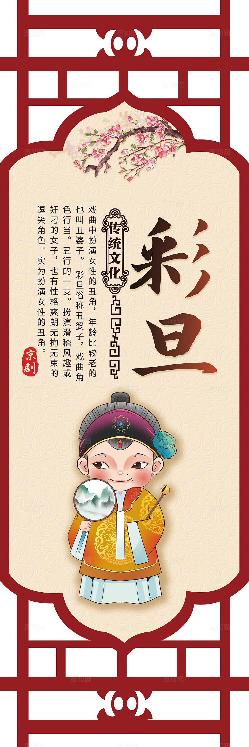 红色镂空卡通套图戏曲戏剧京剧人物简介传统文化插画套图