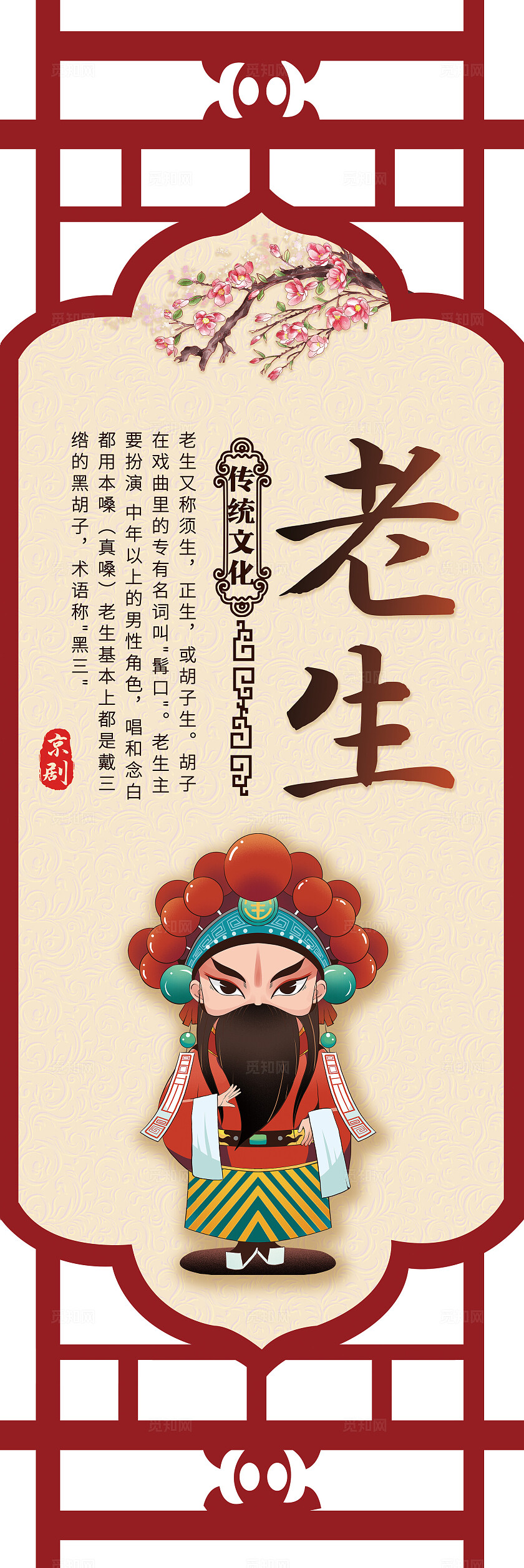 红色镂空卡通套图戏曲戏剧京剧人物简介传统文化插画套图