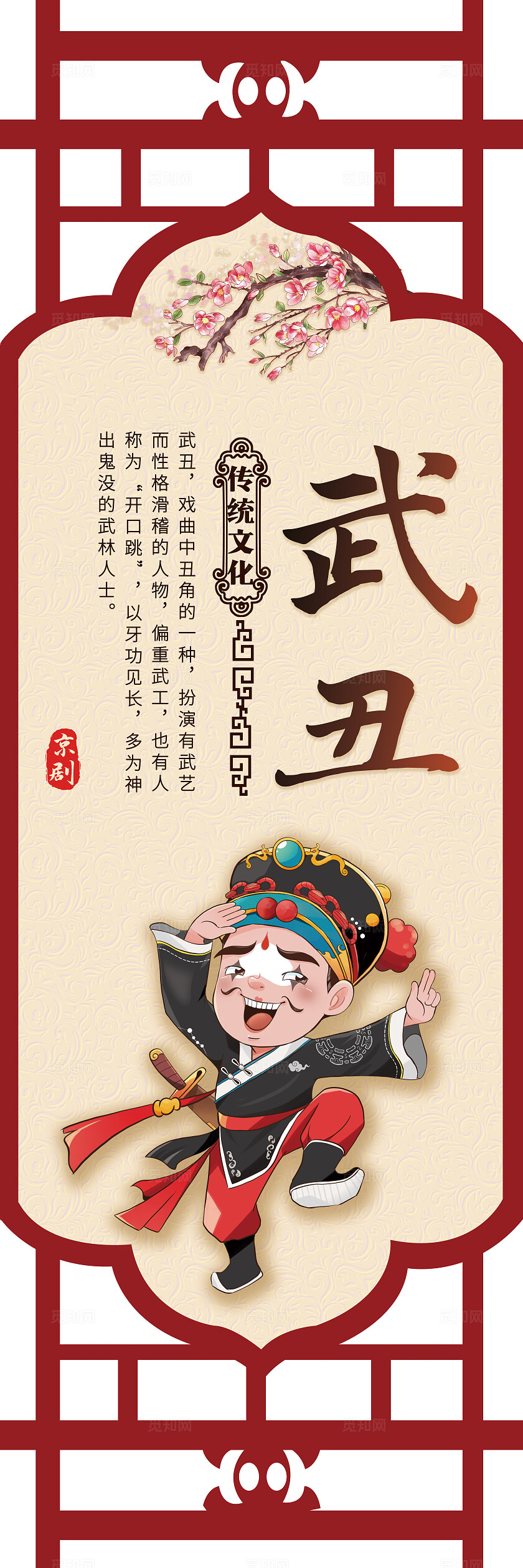 红色镂空卡通套图戏曲戏剧京剧人物简介传统文化插画套图