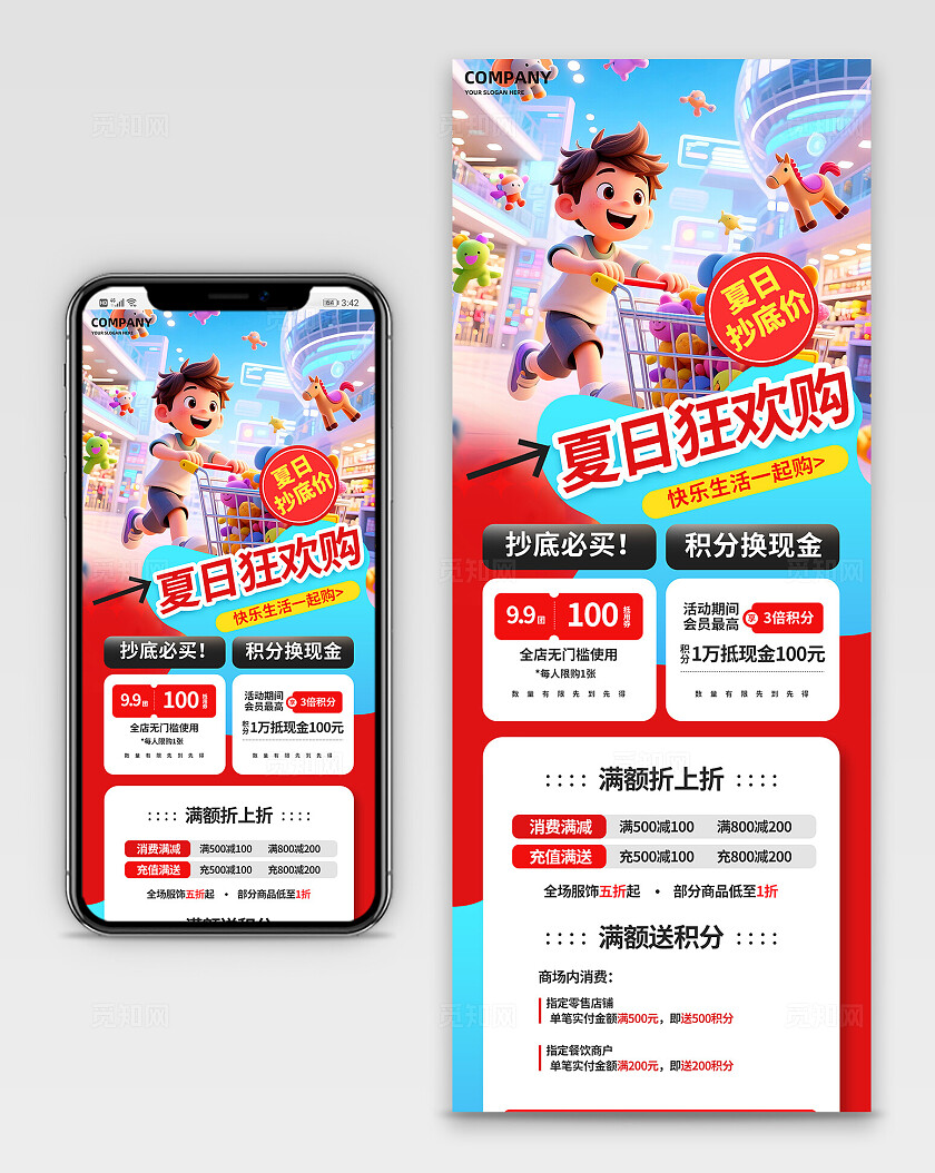 3D潮流卡通电商商超购物节商场福利活动宣传信息长图