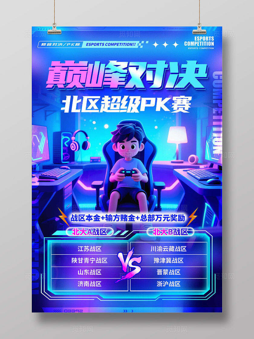 蓝色3D卡通风格巅峰对决电竞游戏比赛活动电竞海报网吧海报