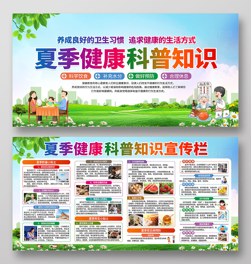 蓝绿色小清新夏季健康教育防暑知识科普宣传栏