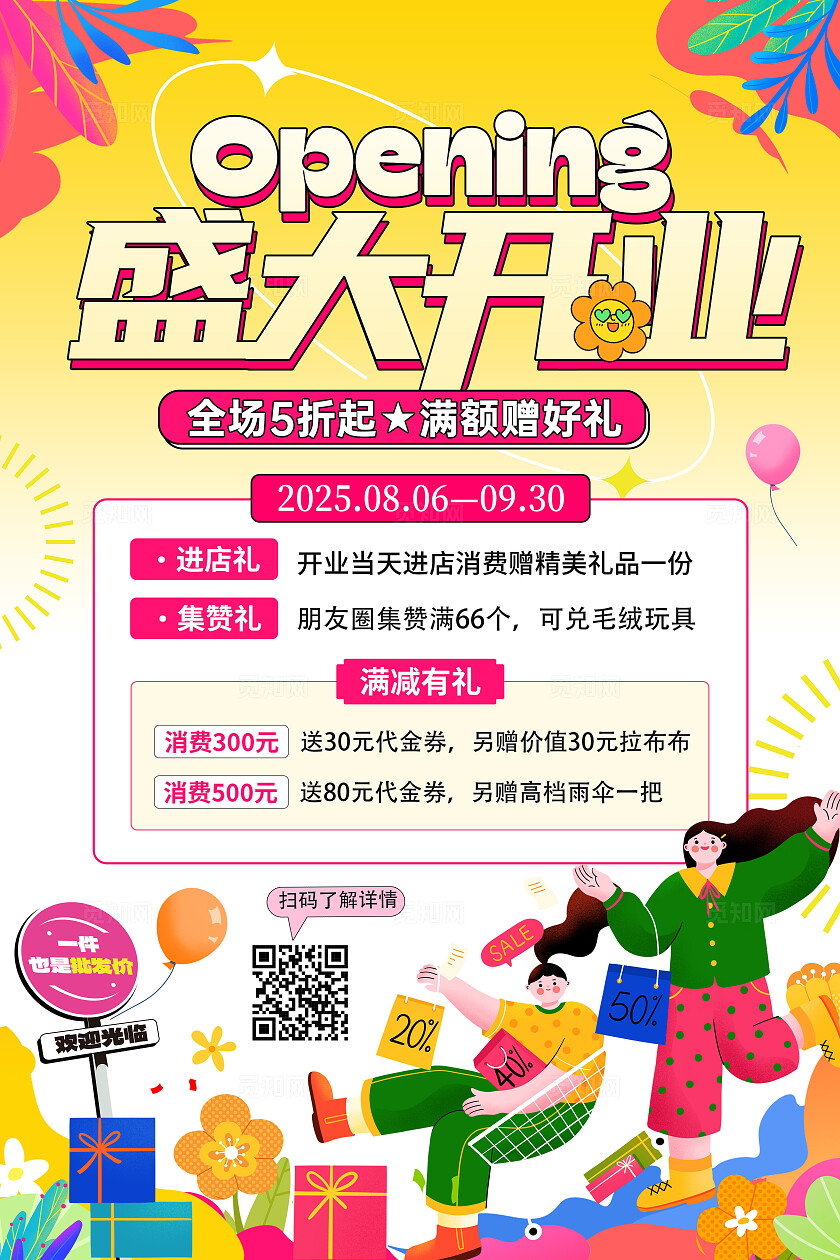 黄色扁平插画盛大开业大酬宾活动促销宣传文案海报