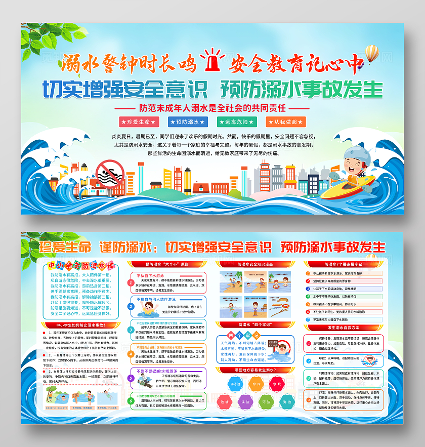 蓝色卡通简约风暑假安全预防溺水宣传栏展板设计模板中小学生暑假安全教育