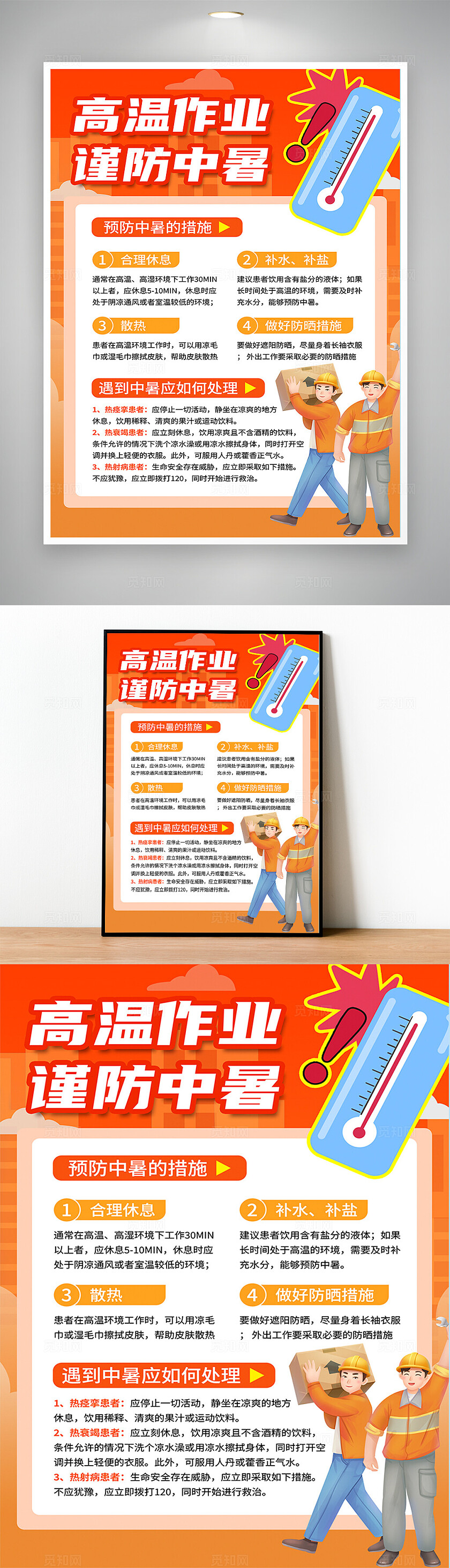 卡通工地高温作业预防中暑夏季健康安全海报
