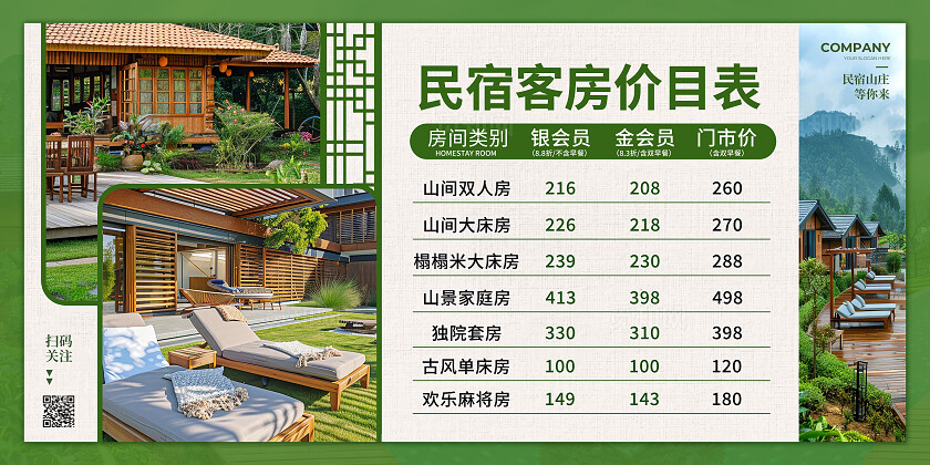 绿色实拍风民宿山庄民宿酒店客房价格价目表宣传展板
