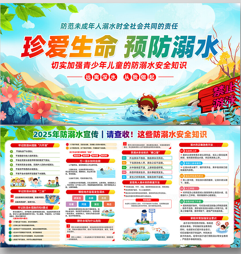 暑假安全暑假防溺水展板宣传栏水墨画背景