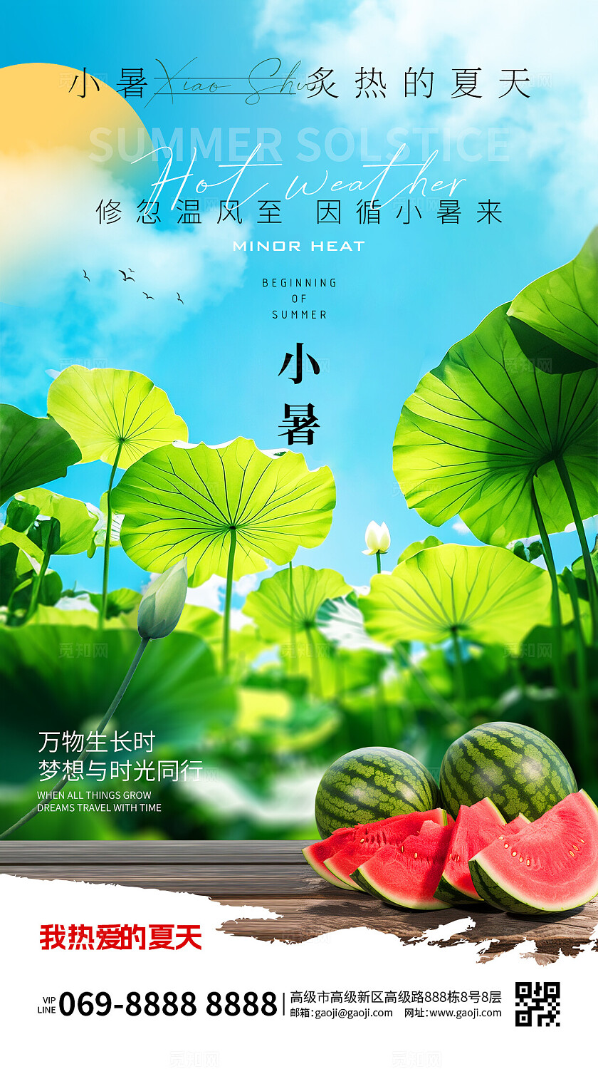 小暑绿色简约清新大气二十四节气手机宣传海报小暑荷花海报