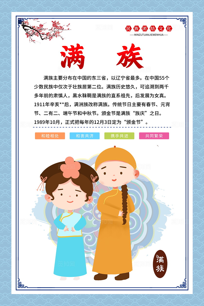 蓝色古典中国风56个民族简介介绍宣传套图海报设计模板