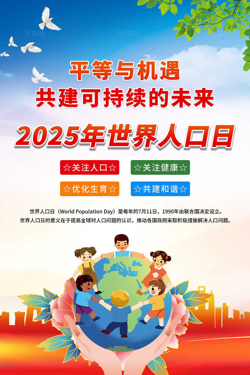 蓝色大气2025年世界人口日宣传海报设计