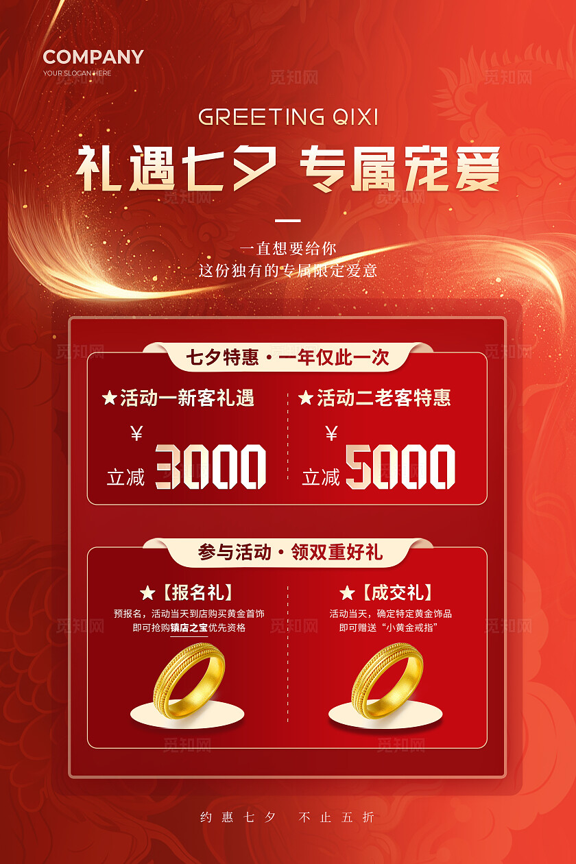红色大气简约中式边框风礼遇七夕专属宠爱文案海报黄金