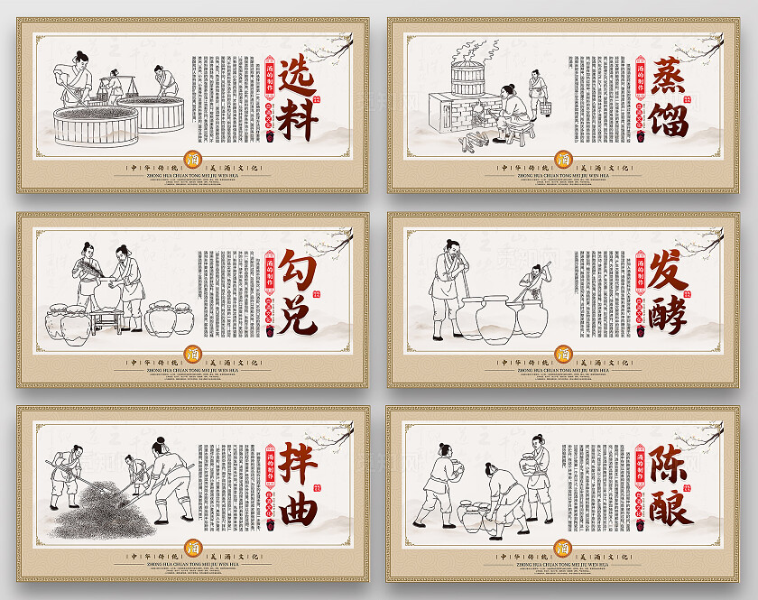 米色中国风白酒制作酒文化传统展板套图背景
