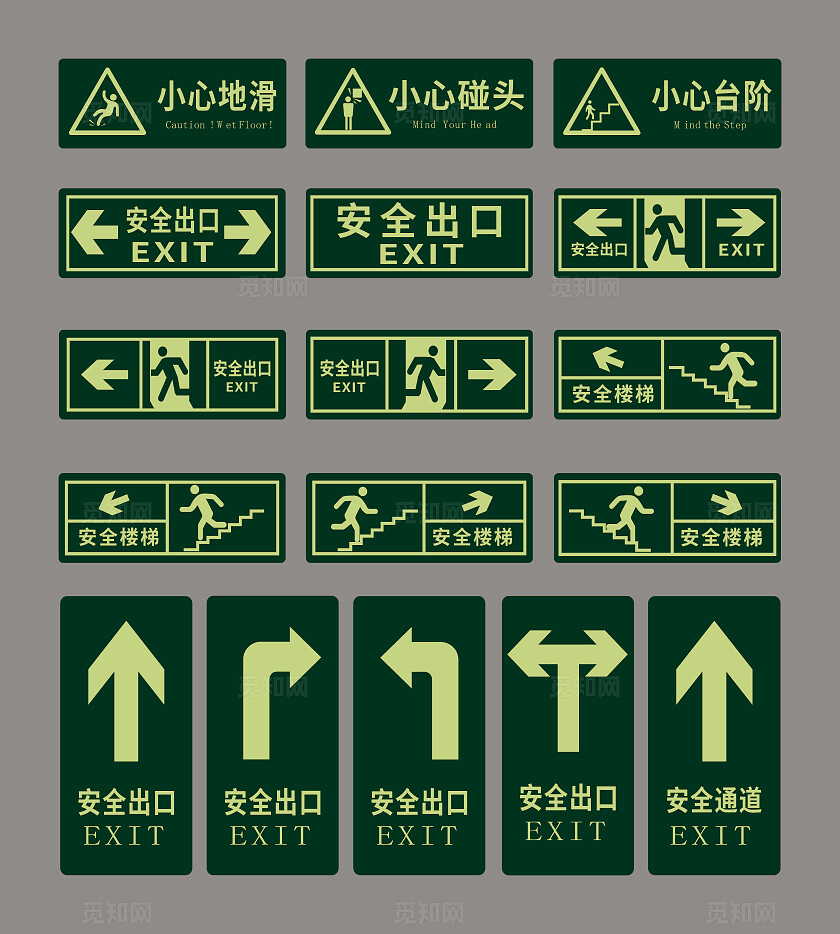 安全出口标识标志不同方向的安全出口小心地滑小心碰头小心台阶安全标识