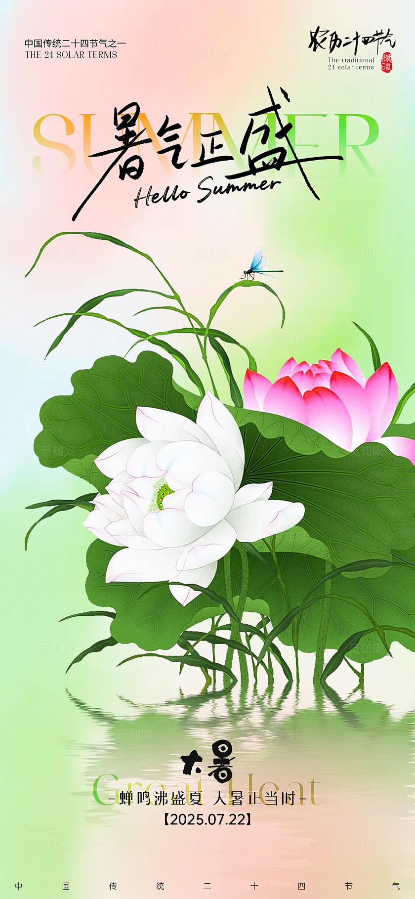 清新荷花二十四节气小暑大暑节气手机宣传海报
