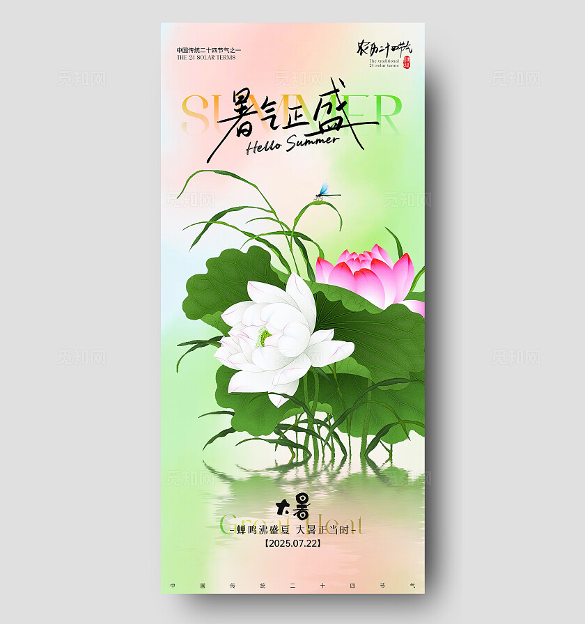 清新荷花二十四节气小暑大暑节气手机宣传海报