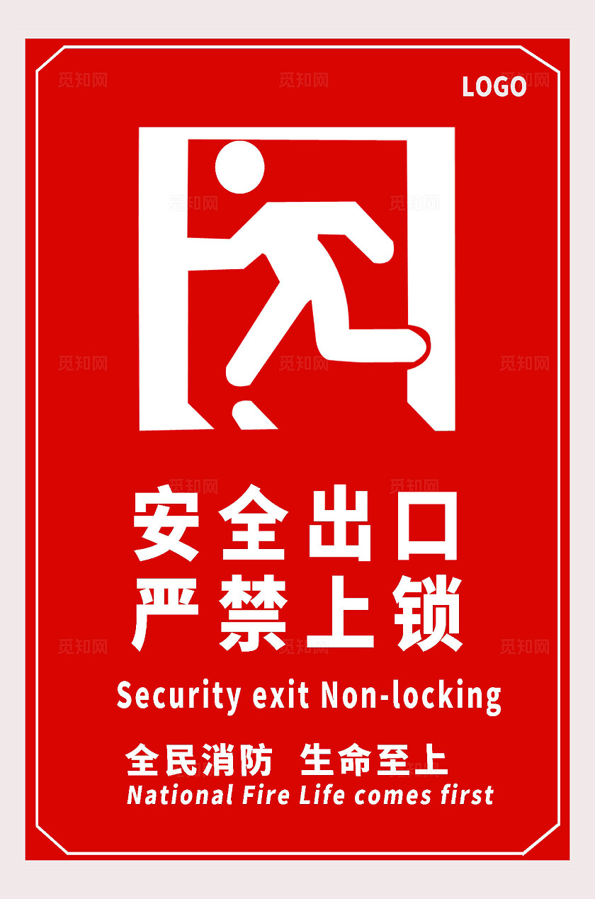 安全出口标识标志 安全出口 严禁上锁 全民消防 生命至上安全标识